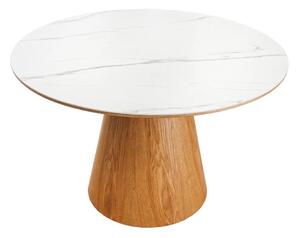Art deco kulatý jídelní stůl Marmol Lignia s bílou mramorovou deskou a hnědou podstavou s dubovým designem 120 cm