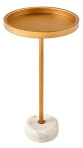 Art deco kulatý příruční stolek Stone se zlatou kovovou deskou s vyvýšeným okrajem a bílou mramorovou podstavou 56 cm