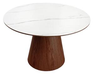 Art deco kulatý jídelní stůl Marmol Lignia s bílou mramorovou deskou a tmavě hnědou kuželovou podstavou 120 cm