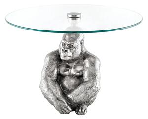 Art deco kulatý příruční stolek Tierra Glam se stříbrnou kovovou podstavou v podobě gorily a skleněnou deskou 60 cm