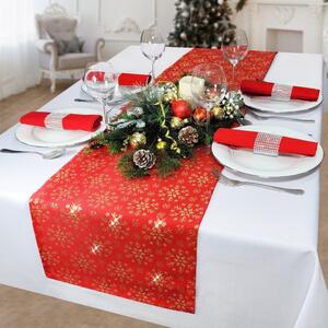 Vánoční běhoun na stůl červený se zlatými sněhovými vločkami Merry Christmas