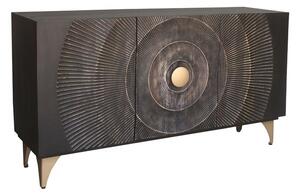 Designový etno třídveřový příborník Cumbria z mangového dřeva v černé barvě se zlatým reliéfním zdobením 140 cm