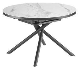 Luxusní mramorový bílý kulatý industriální rozkládací jídelní stůl Marbleux s černými kovovými nožičkami 160 cm