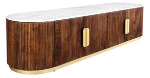 Luxusní art deco oválný čtyřdveřový TV stolek Gatsby z hnědého masivu s drážkovaným reliéfem a bílou mramorovou deskou 170 cm