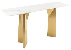 Luxusní mramorový konzolový stolek Hejdy s bílou deskou s šedým žilkováním a zlatýma nohama s geometrickým designem 140 cm