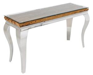Luxusní glamour konzolový stolek Modern Barock s chromovou konstrukcí a deskou z hnědého masivního dřeva a skla 145 cm