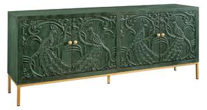 Art deco čtyřdveřový obdélníkový zelený příborník Birdy z mangového dřeva s vyřezávanými pávy a zlatými nožičkami 175 cm
