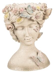 Šedý dekorativní květináč hlava ženy s květy a motýlky - 20*18*26 cm