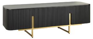 Art deco obdélníkový čtyřdveřový TV stolek Gatsby z černého mangového dřeva s lamelami se zlatými úchyty a nožičkami 160 cm