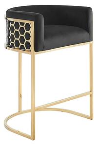 Art deco barová židle Ariande se sametovým černým potahem a zlatou kovovou konstrukcí 88 cm