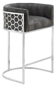 Art deco barová židle Arienda s šedým sametovým potahem a chromovou kovovou konstrukcí 88 cm