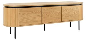 Designový oválný třídveřový TV stolek Maderia v naturálním hnědém dubovém provedení s lamelovým drážkováním 160 cm