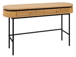 Designový industriální konzolový stolek Maderia s oválnou deskou a dvěma zásuvkami v dubové hnědé a černé barvě 120 cm