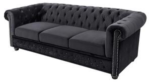 Designová sametová černá třímístná sedačka Maya s chesterfield prošíváním s kulatými černými nožičkami 205 cm