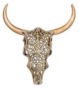 Designová moderní zlatá nástěnná dekorace Bull ve tvaru býčí lebky s ornamentálním zdobením a hnědými dřevěnými rohy 60 cm