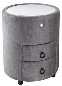 Art deco designový noční stolek Aluro se dvěma šuplíky s šedým sametovým potahem a kulatou bílou deskou s podvícením 55 cm