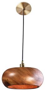 Designová moderní závěsná lampa Fani z akáciového dřeva v hnědé barvě se zaobleným stínítkem s detaily ve zlaté barvě 135 cm