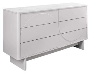 Designová art deco bílá komoda Savonia s mramorovou deskou a šesti šuplíky s minimalistickým reliéfem vlny 150 cm