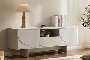 Designový art deco dvoudveřový TV stolek Savonia s policí a šuplíkem v bílé barvě s mramorovou deskou 150 cm