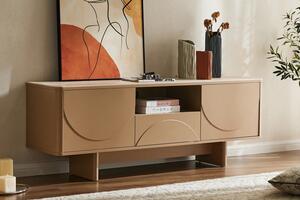 Designový art deco TV stolek Savonia s úložným prostorem v hnědé barvě s travertinovou deskou a geometrickým reliéfem 150 cm