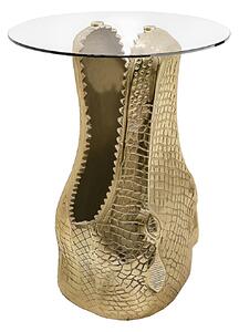 Dizajnový okrúhly glamour príručný stolík Crocodile so zlatou podstavou v tvare krokodílej hlavy a sklenenou doskou 51 cm