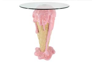 Moderní kulatý růžovo-béžový příruční stolek Pop Atelier ve tvaru kornoutu se stékající zmrzlinou a skleněnou deskou 74 cm