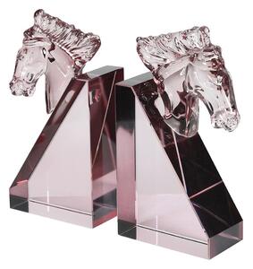 Designové zarážky na knihy Horse Crystal z růžového křišťálového skla s vymodelovanou hlavou koně a geometrickou podstavou 21 cm