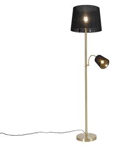 Klasická stojací lampa se zlatým látkovým odstínem černá s lampou na čtení - Retro
