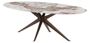 Art deco oválný jídelní stůl Daron s bílou keramickou deskou s hnědým mramorovým dekorem a bronzovou podstavou 220 cm