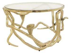 Glamour zlatý kulatý konferenční stolek Tierra Glam s průhlednou skleněnou deskou a kovovou podstavou s designem kober 70 cm