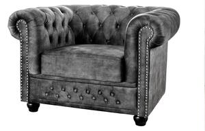 Designové šedé křeslo Chesterfield se sametovým potahem s prošíváním s kulatými knoflíky a zarolovanou opěrkou 109 cm