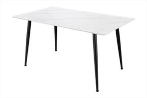 Moderní keramický jídelní stůl Ceramia Blanca s bílou obdélníkovou deskou s šedým mramorováním a černýma nohama 140 cm
