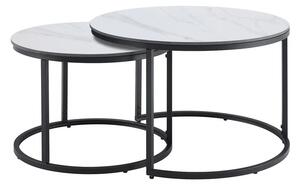 Moderní sada bílých kulatých konferenčních stolků Ceramia Blanca s šedým mramorováním a černou podstavou 47 cm