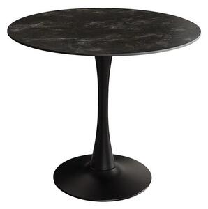Industriální černý jídelní stůl Ceramia Gris s kulatou keramickou deskou s šedým mramorovým designem a kovovou nohou 80 cm
