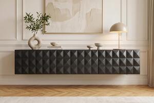 Designový masivní nástěnný TV stolek Vinan se třemi dvířky a geometrickým plastickým reliéfem v černé barvě 160 cm