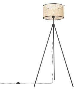Venkovská stojací lampa stativ černý s ratanovým stínidlem - Kata