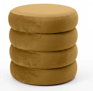 Designová art deco kulatá taburetka Eliana s prošívaným sametovým čalouněním a úložným prostorem v hořčicové žluté barvě 41 cm