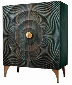 Designová art deco dvoudveřová barová skříňka Cumbria v tyrkysové barvě se zlatými detaily a reliéfem s motivem slunce 120 cm