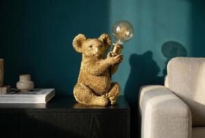 Designová glamour stolní lampa Tierra Glam ve zlaté barvě v podobě sedící koaly držící kulaté skleněné stínítko 34 cm