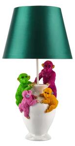 Designová stolní lampa Tierra Glam se zeleným textilním stínítkem a bílou podstavou s barevnými figurami opic 55 cm
