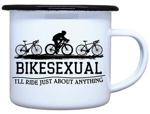 Smaltovaný hrnek plecháček s potiskem Bikesexual, 330 ml