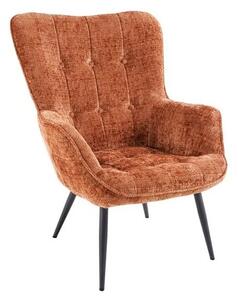 Designové retro křeslo Scandinavia s žinylkovým potahem s prošíváním s knoflíky v rezavé hnědé barvě a černýma nohama 73 cm