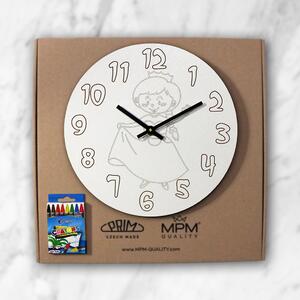 Dřevěné designové hodiny bílé Nástěnné hodiny MPM Tayde - omalovánka
