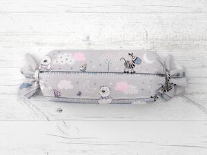 Biante Dětský polštář válec bonbon Sandra SA-324 Veselá zvířátka na šedém 15x40 cm