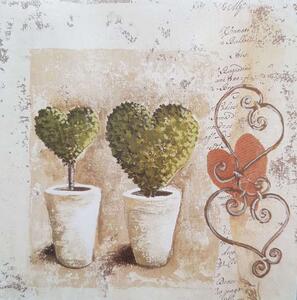 ART-STYLE Obrázek 14x14. dvě srdce v květináči, rám bílý s patinou