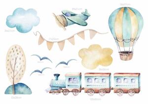 Dětská nálepka na zeď Boys world - letadlo, balón a vlak