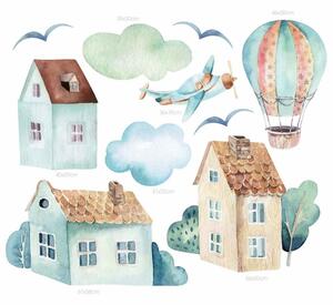 Dětská nálepka na zeď Boys world - letadlo, balón a domy