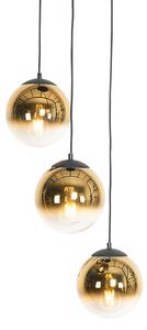 Art Deco závěsná lampa černá se zlatým sklem kulatá 3-světelná - Pallon