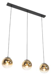 Art Deco závěsná lampa černá se zlatým podlouhlým 3-světlem - Pallon