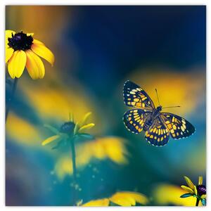 Obraz - Žlutý motýl s květy (30x30 cm)